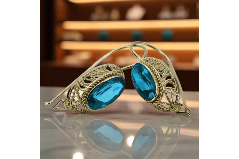 Серьги Аквамарин 14-кв Желтое золото Винтаж стиль vec023y